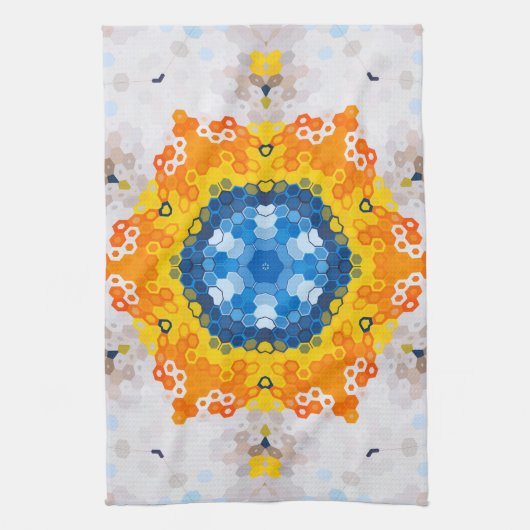 Hex Mandala Blauw Geel Sinaasappel en Wit Theedoek (Verticaal)