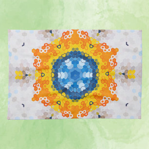 Hex Mandala Blauw Geel Sinaasappel en Wit Theedoek