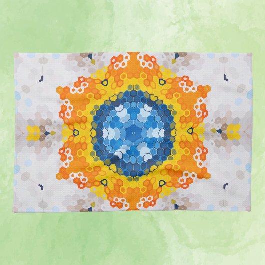 Hex Mandala Blauw Geel Sinaasappel en Wit Theedoek