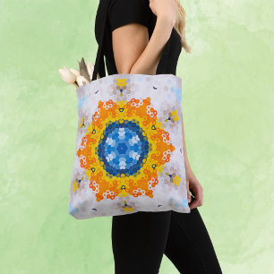 Hex Mandala Blauw Geel Sinaasappel en Wit Tote Bag