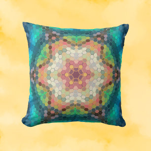 Hex Mandala blauw groen en roze Kussen