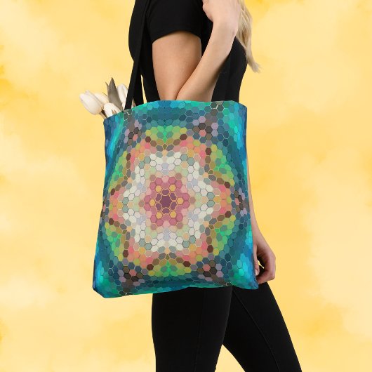 Hex Mandala blauw groen en roze Tote Bag
