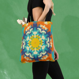 Hex Mandala blauw Sinaasappel en geel Tote Bag