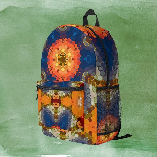 Hex Mandala blauw Sinaasappel en rood Bedrukte Rugzak