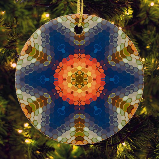 Hex Mandala blauw Sinaasappel en rood Keramisch Ornament