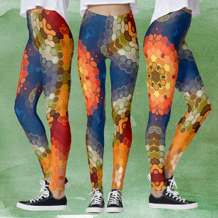 Hex Mandala blauw Sinaasappel en rood Leggings