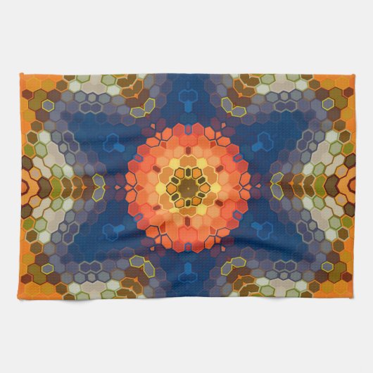 Hex Mandala blauw Sinaasappel en rood Theedoek (Horizontaal)