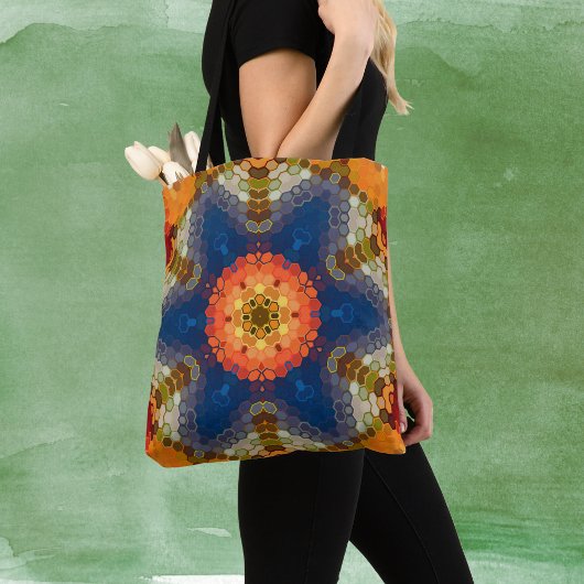 Hex Mandala blauw Sinaasappel en rood Tote Bag