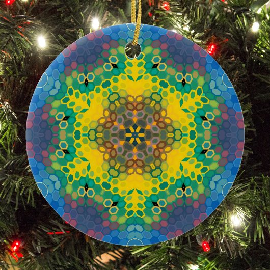 Hex Mandala Geel Blauw en Roze Keramisch Ornament