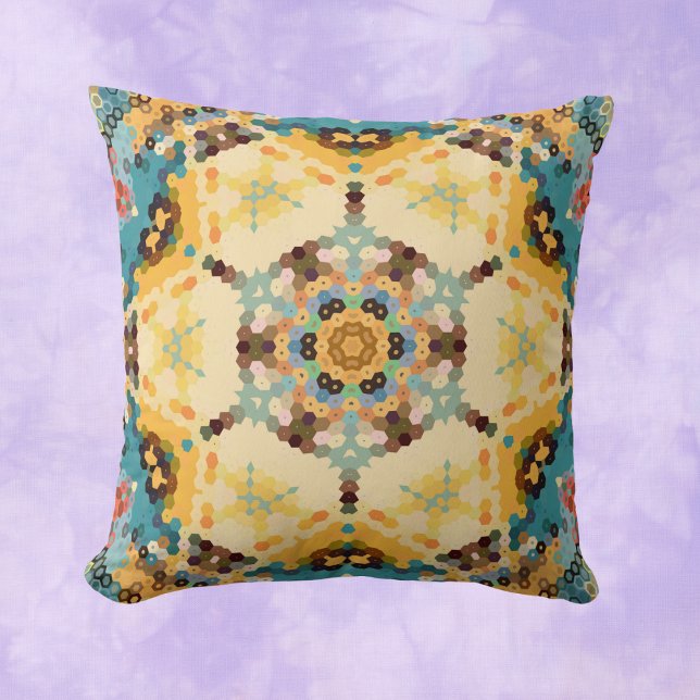 Hex Mandala geel en blauw Kussen (Creator heeft geüpload)
