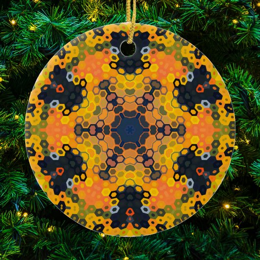 Hex Mandala Geel en Sinaasappel Keramisch Ornament