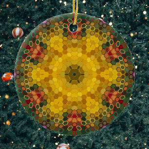 Hex Mandala Geel Groen en Sinaasappel Keramisch Ornament