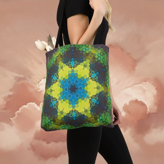 Hex Mandala Green Yellow and Blue Tote Bag