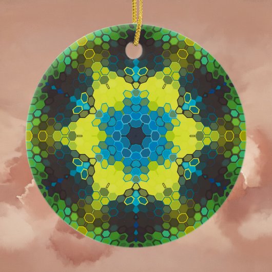 Hex Mandala groen geel en blauw Keramisch Ornament