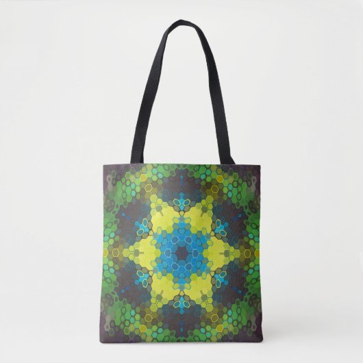 Hex Mandala Groen Geel en Blauw Tote Bag (Voorkant)