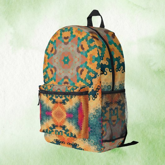 Hex Mandala Orange and Blue Bedrukte Rugzak