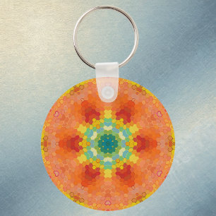 Hex Mandala Oranje Geel Rood en Blauw Sleutelhanger