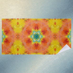 Hex Mandala Oranje Geel Rood en Blauw Strandlaken