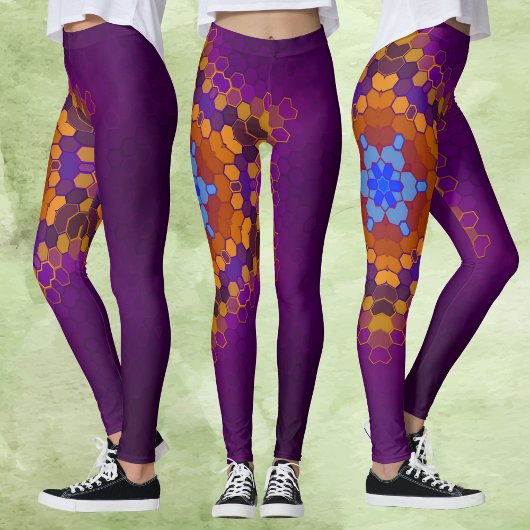 Hex Mandala Paarse Sinaasappel en blauw Leggings