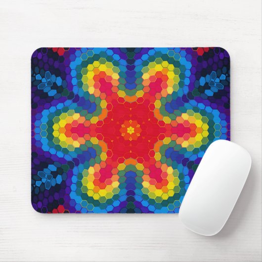 Hex Mandala Red Yellow and Blue Muismat (Met muis)