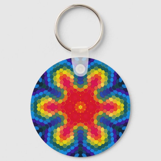Hex Mandala Red Yellow and Blue Sleutelhanger (Voorkant)