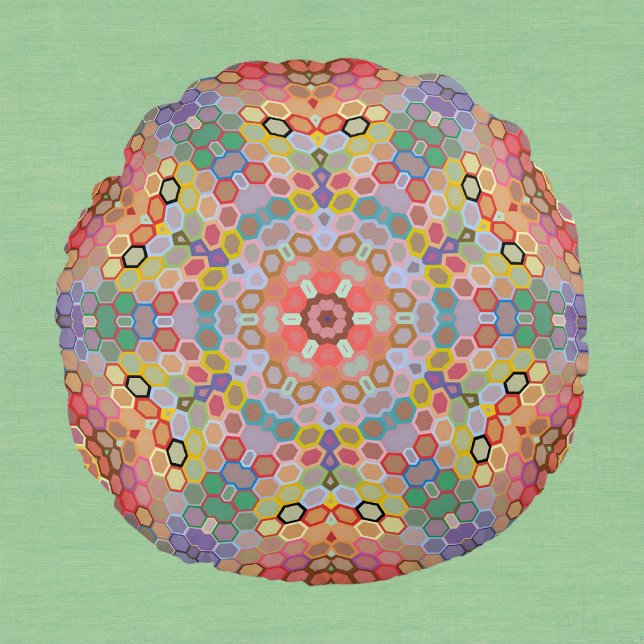Hex Mandala Regenboog Rond Kussen (Rainbow Hexagon Mandala Round Pillow by Wormhole Orbital)