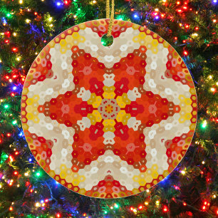 Hex Mandala rood en geel Keramisch Ornament
