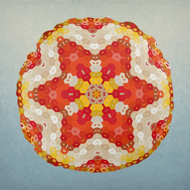 Hex Mandala Rood en Geel Rond Kussen (Red and Yellow Hexagon Mandala Round Pillow by Wormhole Orbital)