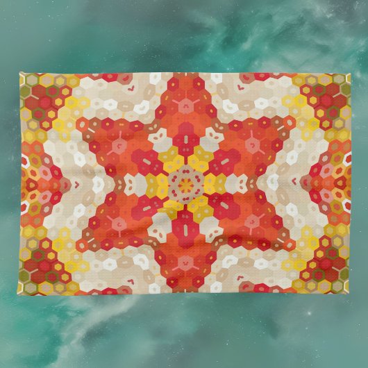 Hex Mandala rood en geel Theedoek
