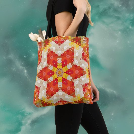 Hex Mandala rood en geel Tote Bag