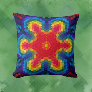 Hex Mandala rood geel en blauw Kussen