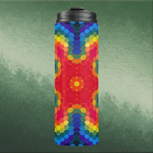 Hex Mandala Rood Geel en Blauw Thermosbeker