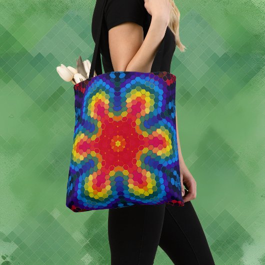 Hex Mandala rood geel en blauw Tote Bag