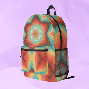 Hex Mandala Sinaasappel blauw en geel Bedrukte Rugzak