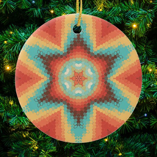 Hex Mandala Sinaasappel blauw en geel Keramisch Ornament