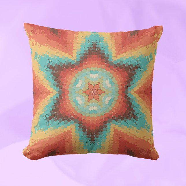 Hex Mandala Sinaasappel blauw en geel Kussen (Creator heeft geüpload)