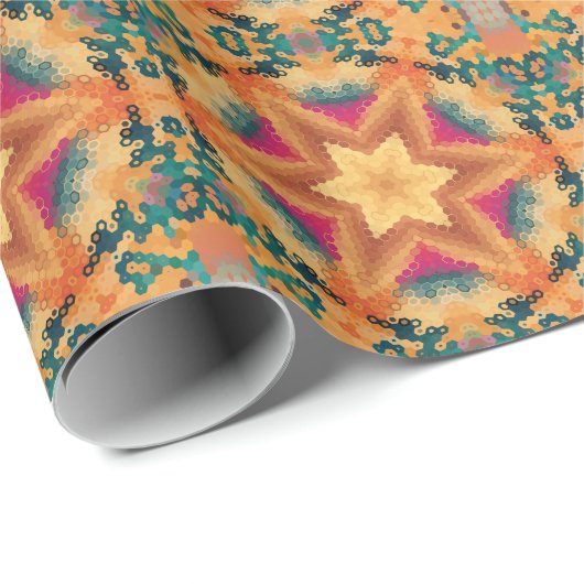 Hex Mandala Sinaasappel blauw en roze Cadeaupapier (Rol Hoek)