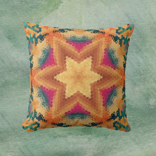 Hex Mandala Sinaasappel blauw en roze Kussen (Orange Blue and Pink Hexagon Mandala Throw Pillow by Wormhole Orbital)
