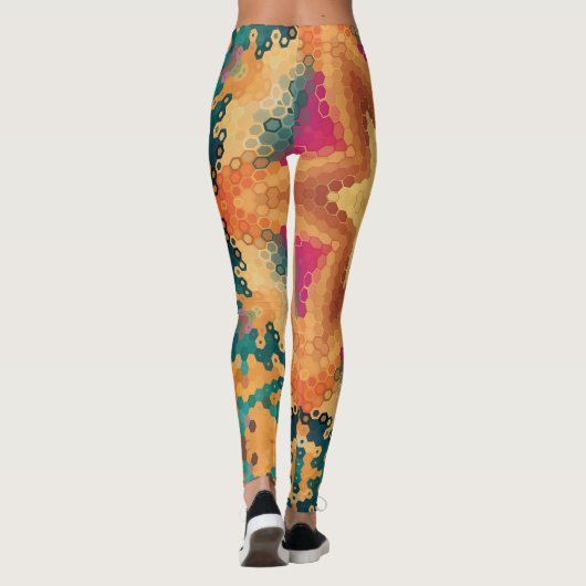 Hex Mandala Sinaasappel blauw en roze Leggings (Achterkant)