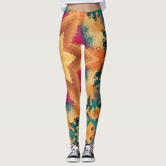 Hex Mandala Sinaasappel blauw en roze Leggings (Voorkant)