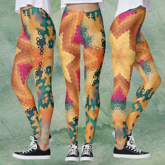 Hex Mandala Sinaasappel blauw en roze Leggings