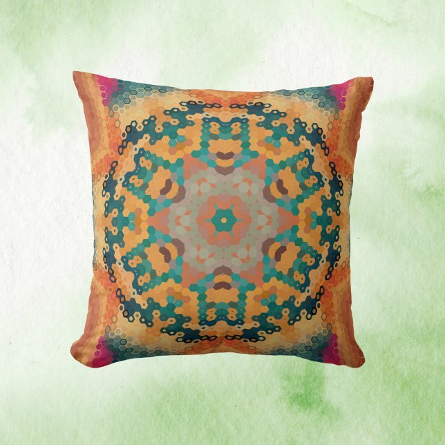 Hex Mandala Sinaasappel en blauw Kussen (Orange and Blue Hexagon Mandala Throw Pillow by Wormhole Orbital)