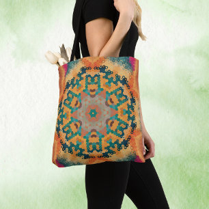 Hex Mandala Sinaasappel en blauw Tote Bag