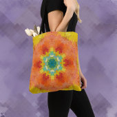 Hex Mandala Sinaasappel geel rood en blauw Tote Bag
