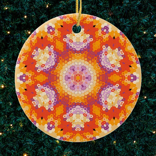 Hex Mandala Sinaasappel Paarse en wit Keramisch Ornament