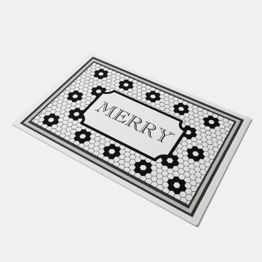 Hex tegel design groen Vrolijk Kerstfeest Deurmat (Schuin)