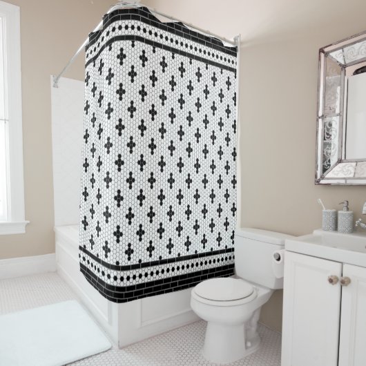 Hex Tegel Mosaic Black en White Shower Curtain Douchegordijn (In situ)
