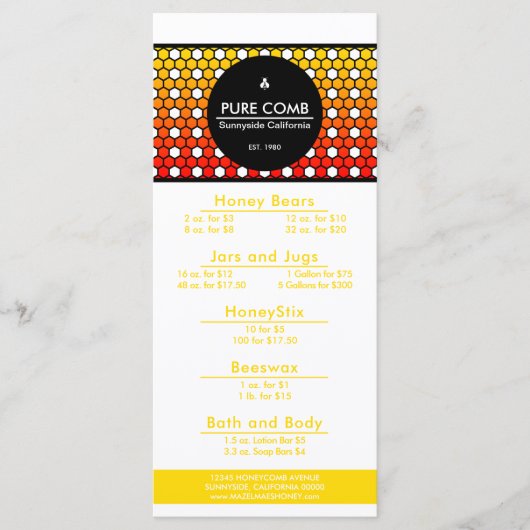 Hexa Honeycomb Apiary Honey Bee Menu (Voorkant)