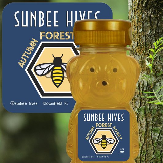 Hexagon Bee Modern Blue Honey Label