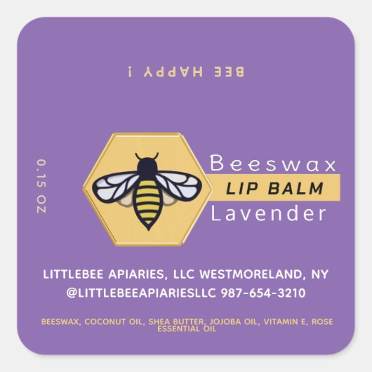 HEXAGON Bijenwas Lavendel LIPPENBALSEM met BIJ Vierkante Sticker (Voorkant)